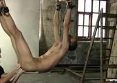 Hangend vastgebonden word hij anal gevingerd en geneukt